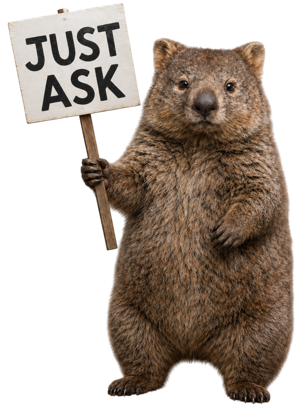 Wombat holding a sign that says Just Ask